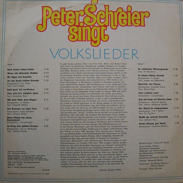 Peter Schreier singt Volkslieder [по заказу немецкой фирмы ETERNA, 8 35 060]
