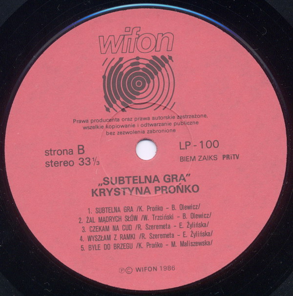 Krystyna Prońko ‎– Subtelna Gra [по заказу польской фирмы WIFON, LP 100]