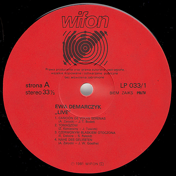Ewa Demarczyk ‎– Live [По заказу польской фирмы WIFON, LP 033]