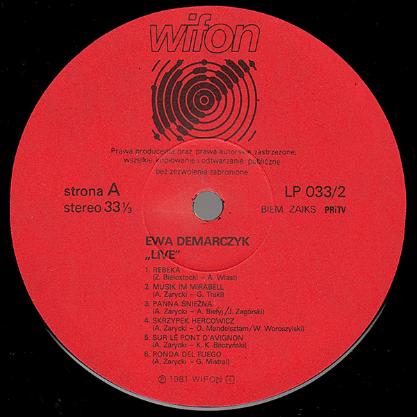 Ewa Demarczyk ‎– Live [По заказу польской фирмы WIFON, LP 033]