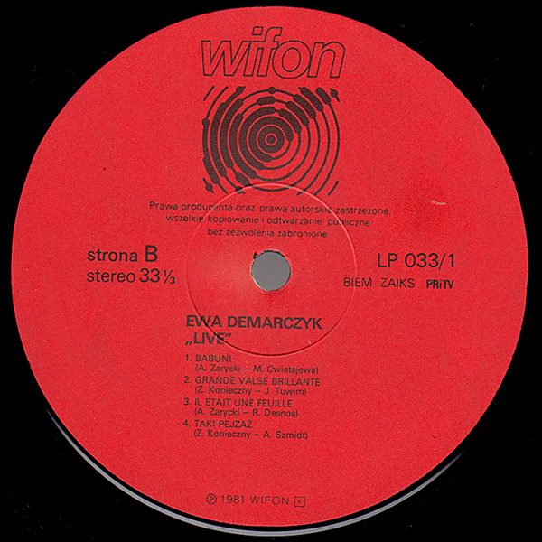 Ewa Demarczyk ‎– Live [По заказу польской фирмы WIFON, LP 033]