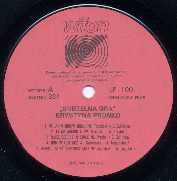 Krystyna Prońko ‎– Subtelna Gra [по заказу польской фирмы WIFON, LP 100]