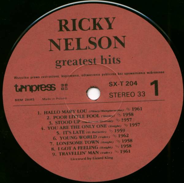 Ricky Nelson "Greatest hits" [по заказу польской фирмы TONPRESS SX-T204]