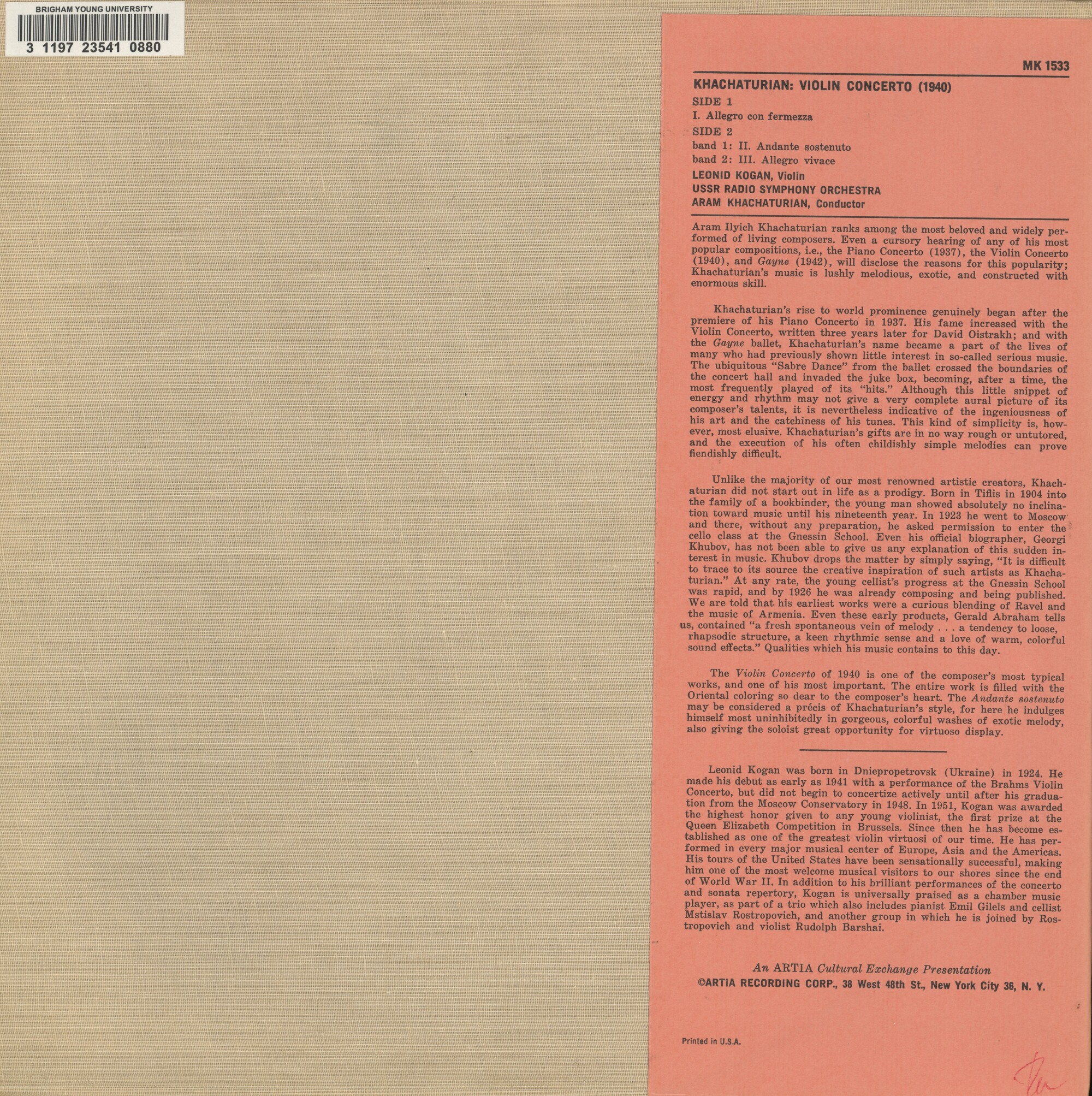 А. ХАЧАТУРЯН (1903–1978): Концерт для скрипки с оркестром (Л. Коган, А. Хачатурян)