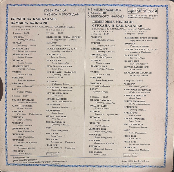 ИЗ МУЗЫКАЛЬНОГО НАСЛЕДИЯ УЗБЕКСКОГО НАРОДА. Домбровые мелодии Сурхана и Кашкадарьи.