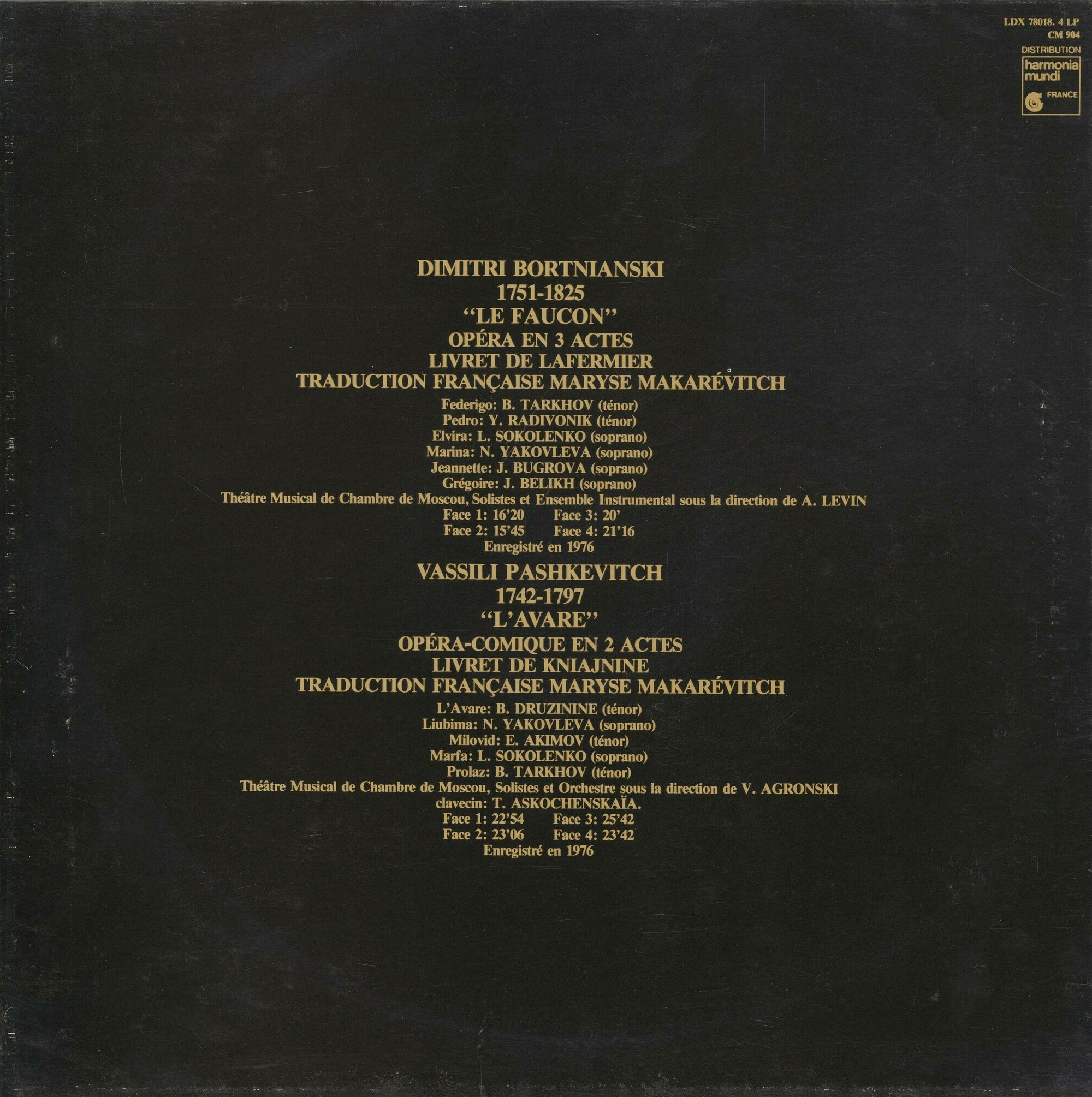Bortnianski: Le Faucon; Pashkevitch: L'Avare (Le Chant Du Monde ‎LDX 78018, 4LP)