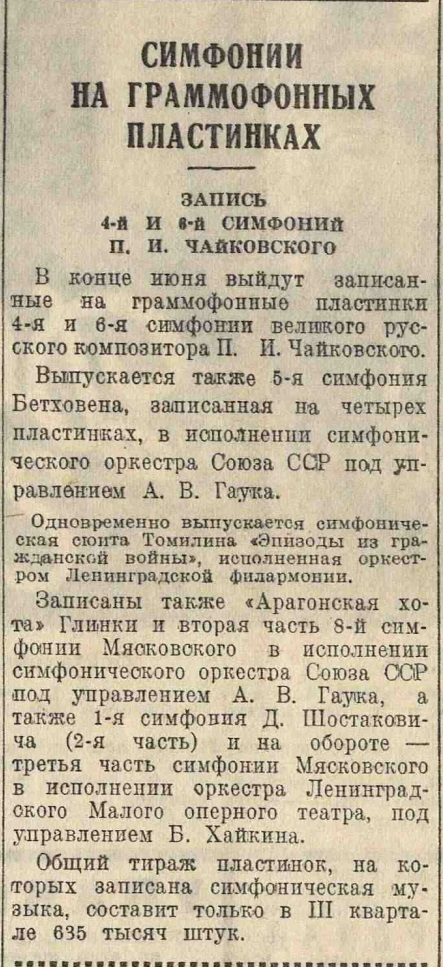Симфонии на граммофонных пластинках. Запись 4-й и 6-й симфоний П.И. Чайковского