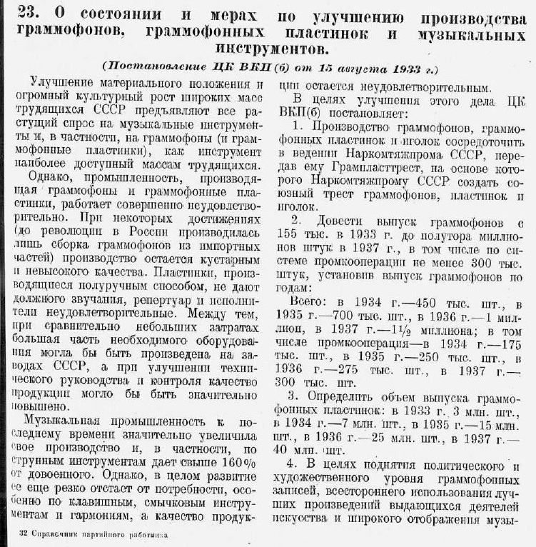 О состояниях и мерах по улучшению производства граммофонов, граммофонных пластинок и музыкальных инструментов (Постановление ЦК ВКП(б) от 15 августа 1933 года)