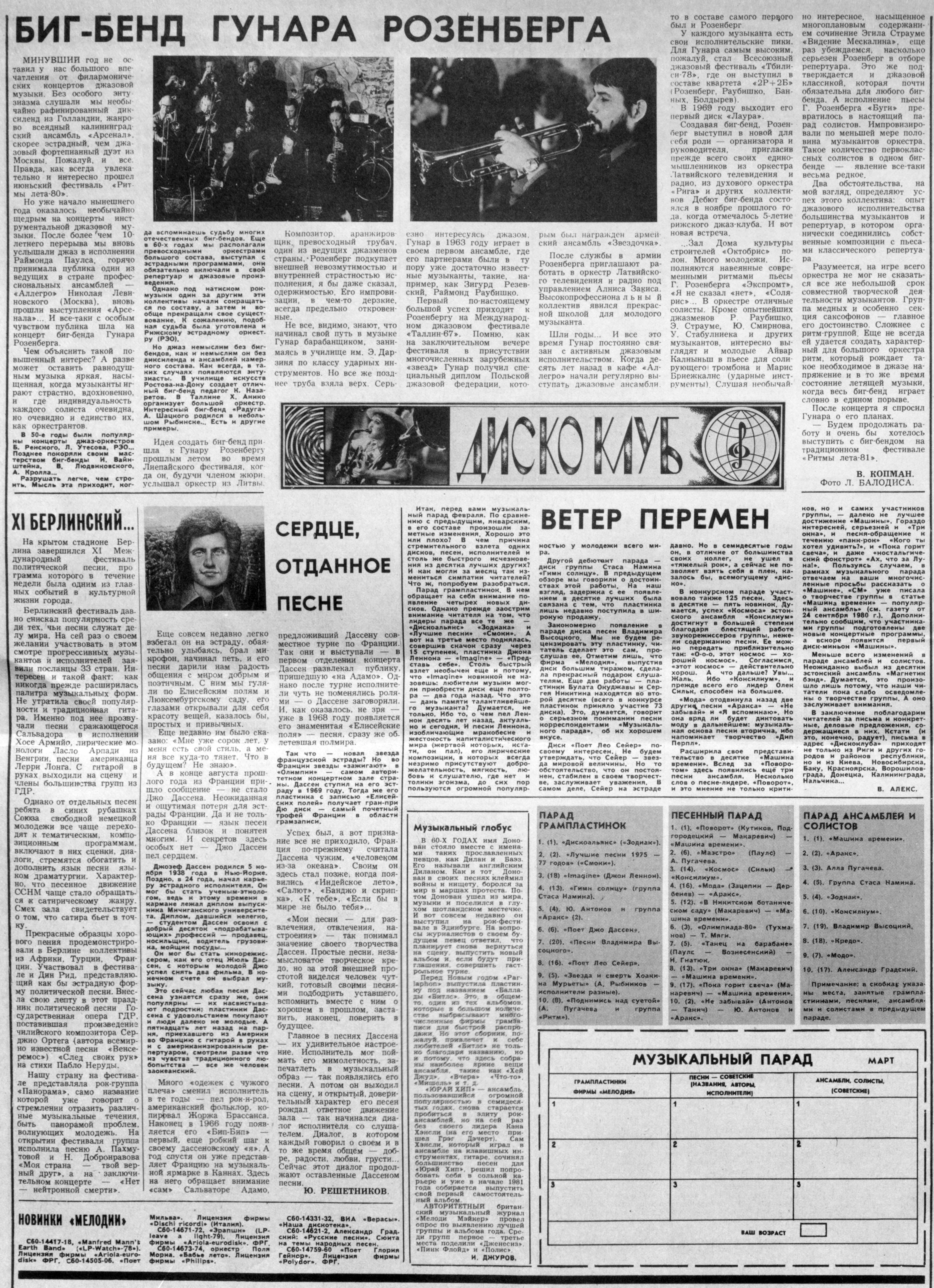 ДИСКОКЛУБ:
БИГ-БЕНД ГУНАРА РОЗЕНБЕРГА;
XI БЕРЛИНСКИЙ...;
СЕРДЦЕ, ОТДАННОЕ ПЕСНЕ;
ВЕТЕР ПЕРЕМЕН;
НОВИНКИ "МЕЛОДИИ";
Музыкальный глобус;
ПАРАД ГРАМПЛАСТИНОК;
ПЕСЕННЫЙ ПАРАД;
ПАРАД АНСАМБЛЕЙ И СОЛИСТОВ