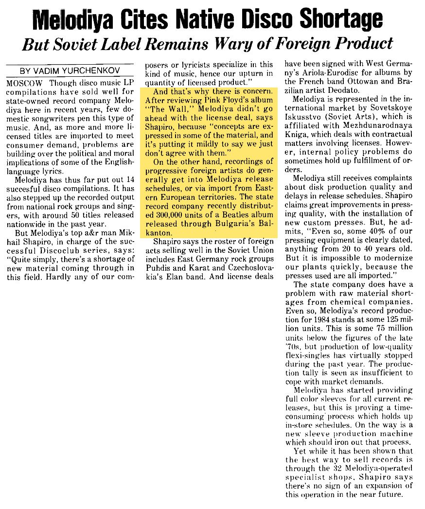 Melodiya Cites Native Disco Shortage.
But Soviet Label Remains Wary of Foreign Product