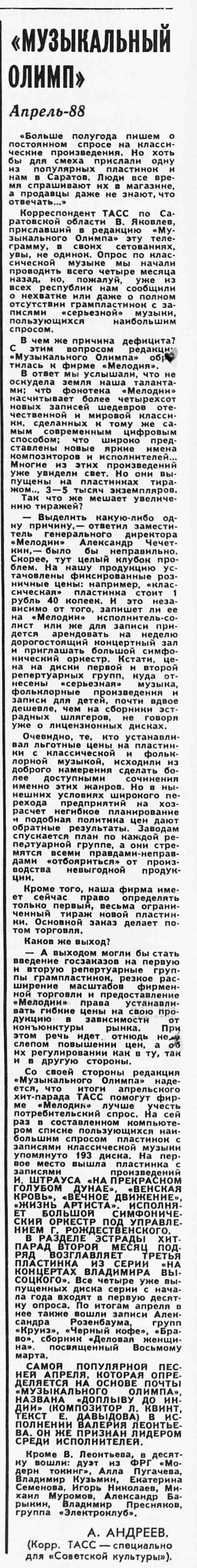 "МУЗЫКАЛЬНЫЙ ОЛИМП". Апрель-88