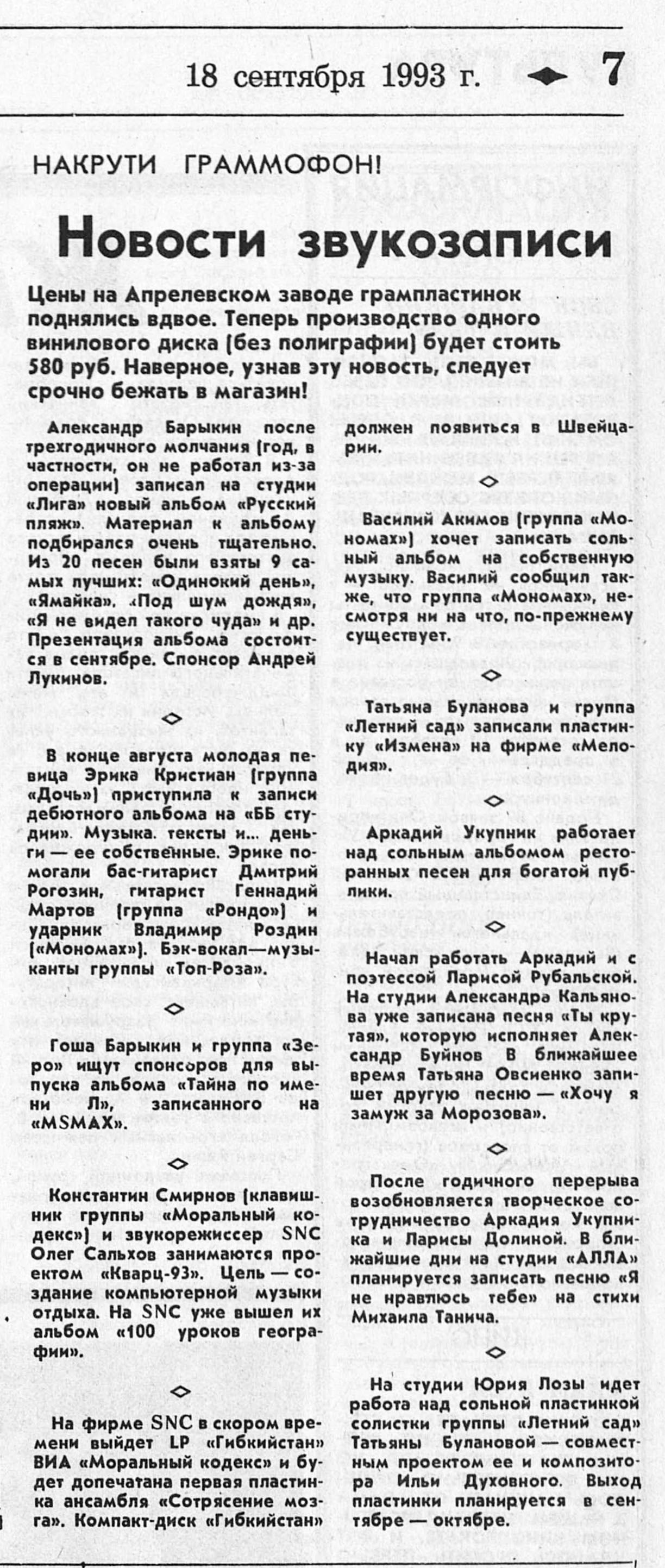 Новости звукозаписи