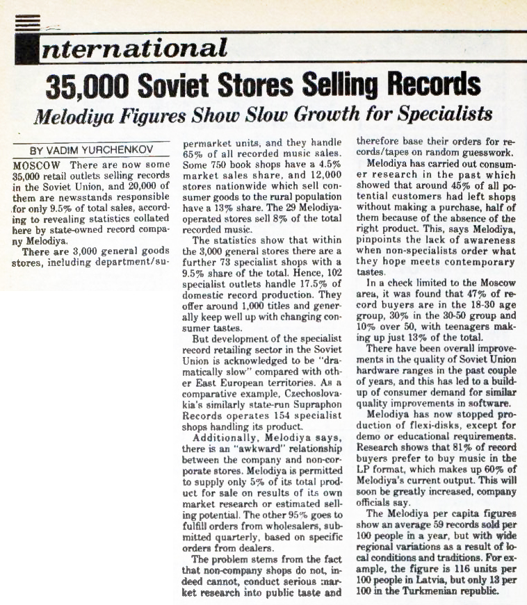 35,000 Soviet Stores Selling Records: Melodiya Figures Show Slow Grouth for Specialists