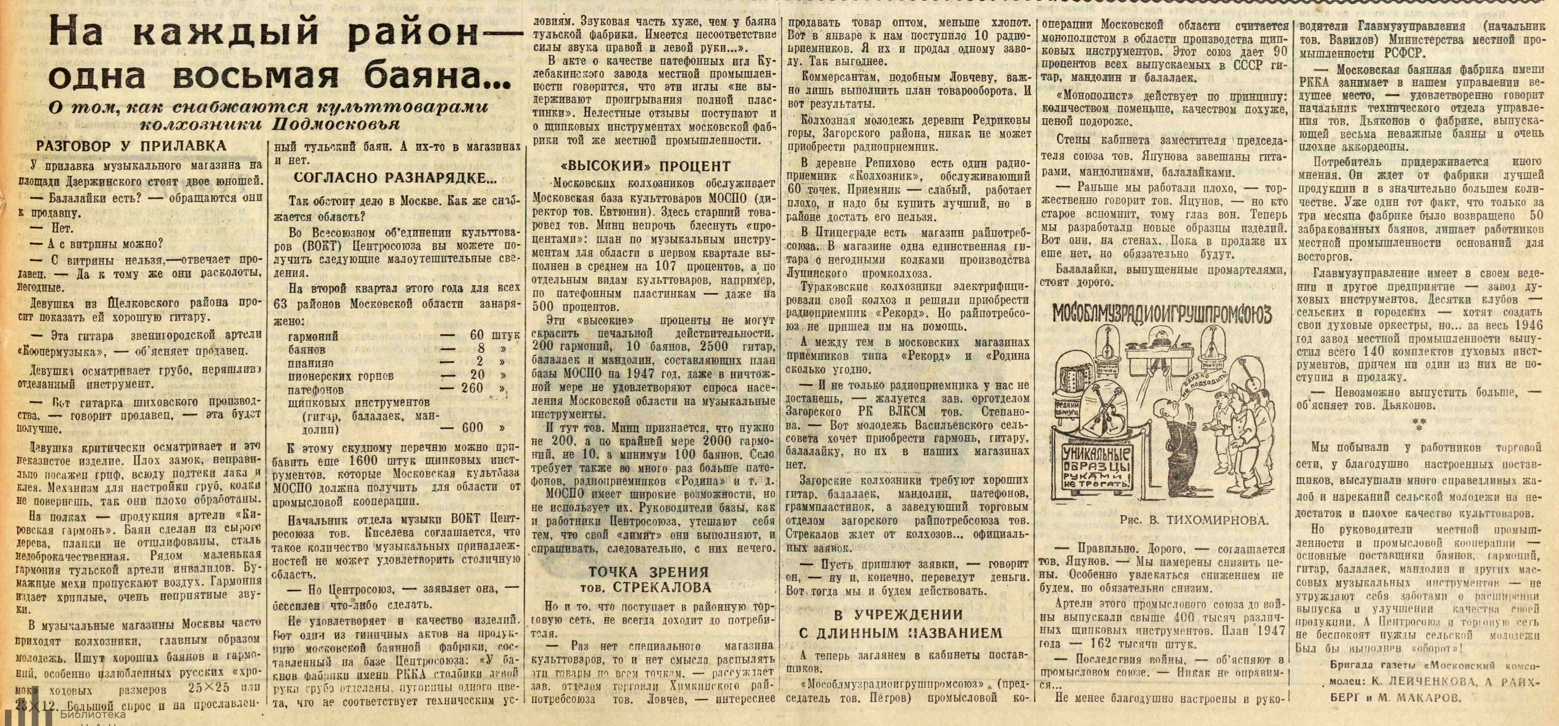 На каждый район - одна восьмая баяна... О том, как снабжаются культтоварами колхозники Подмосковья
