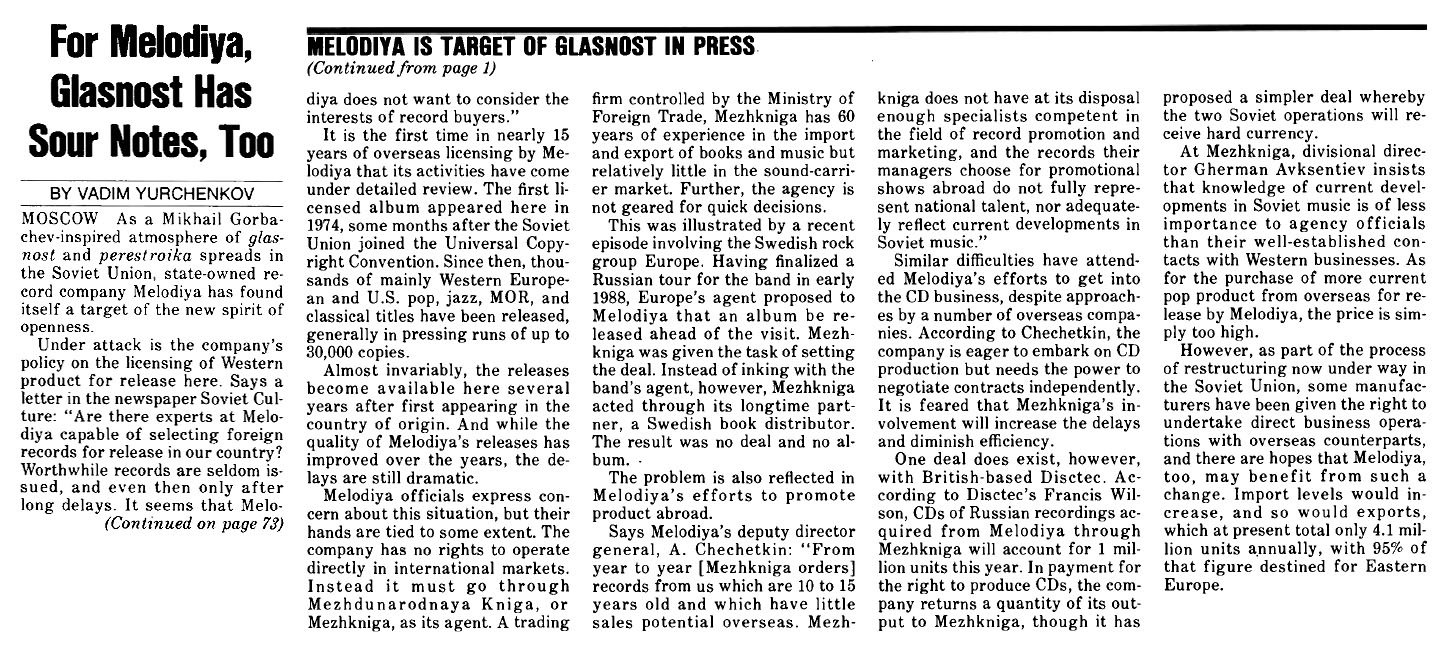 For Melodiya, Glasnost Has Sour Notes, Too.
Melodiya Is Target Of Glasnost In Press