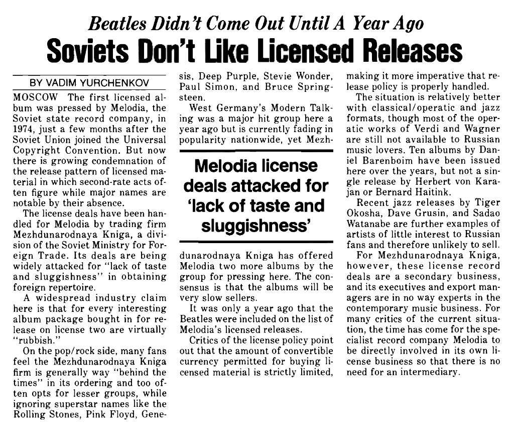 Soviets Don't Like Licensed Releases.
Beatles Didn't Come Out Until A Year Ago