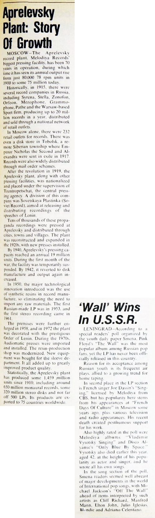Aprelevsky Plant: Story Of Grouth.   "Wall" Wins In U.S.S.R.