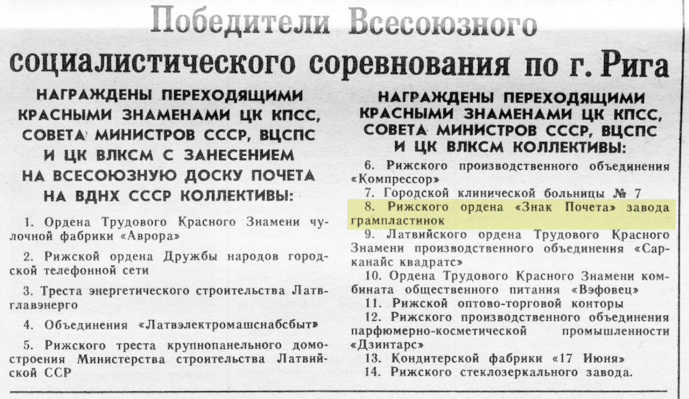 Победители Всесоюзного социалистического соревнования по г. Рига