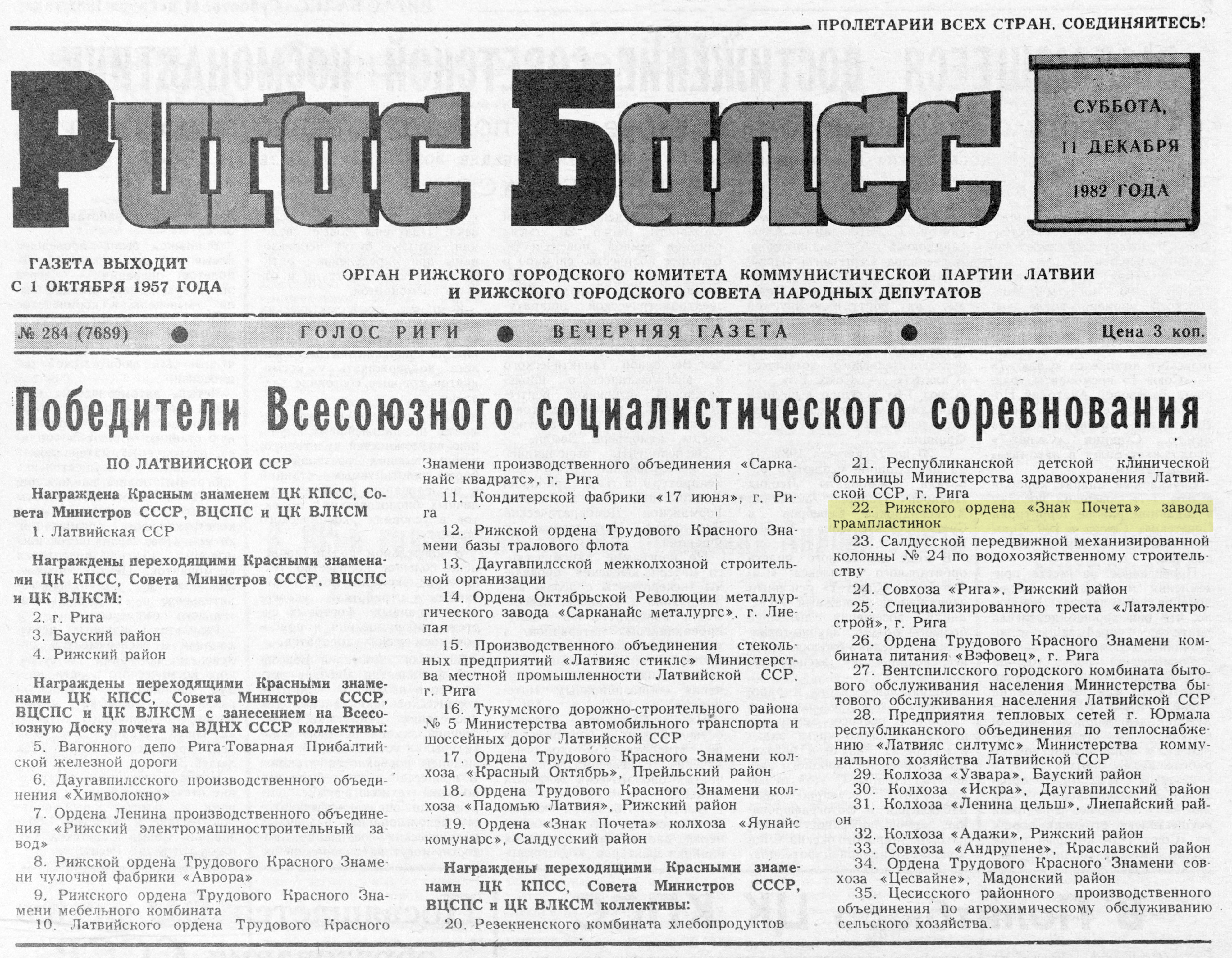 Победители Всесоюзного социалистического соревнования
ПО ЛАТВИЙСКОЙ ССР