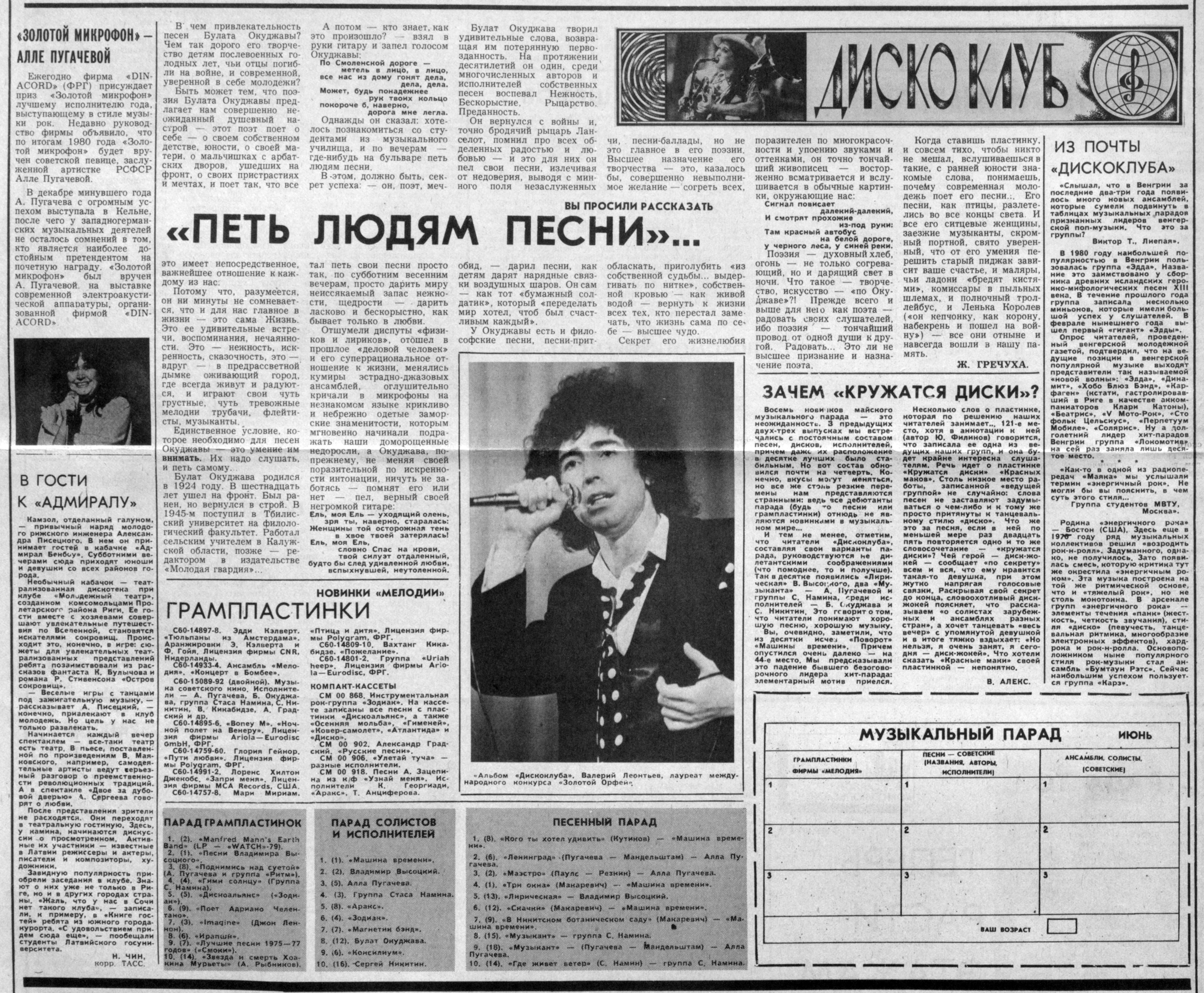 ДИСКОКЛУБ:
"ЗОЛОТОЙ МИКРОФОН" — АЛЛЕ ПУГАЧЁВОЙ;
В ГОСТИ К "АДМИРАЛУ";
"ПЕТЬ ЛЮДЯМ ПЕСНИ...";
Валерий Леонтьев;
ЗАЧЕМ "КРУЖАТСЯ ДИСКИ"?;
ИЗ ПОЧТЫ "ДИСКОКЛУБА";
ГРАМПЛАСТИНКИ;
КОМПАКТ-КАССЕТЫ;
ПАРАД ГРАМПЛАСТИНОК;
ПАРАД СОЛИСТОВ И ИСПОЛНИТЕЛЕЙ;
ПЕСЕННЫЙ ПАРАД