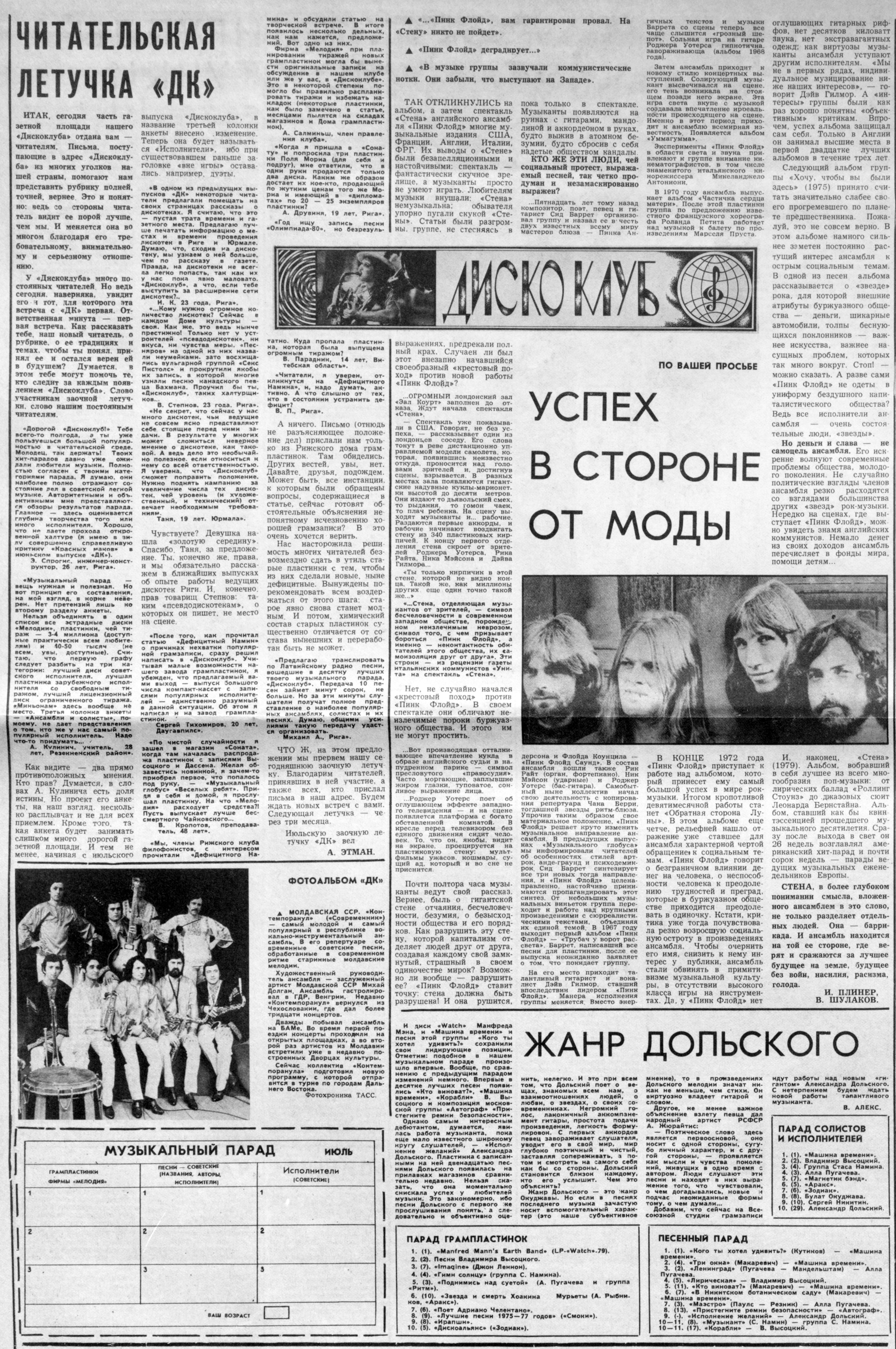 ДИСКОКЛУБ:
ЧИТАТЕЛЬСКАЯ ЛЕТУЧКА "ДК";
"Контемпоранул" ("Современник");
УСПЕХ В СТОРОНЕ ОТ МОДЫ;
ЖАНР ДОЛЬСКОГО;
ПАРАД СОЛИСТОВ И ИСПОЛНИТЕЛЕЙ;
ПАРАД ГРАМПЛАСТИНОК;
ПЕСЕННЫЙ ПАРАД