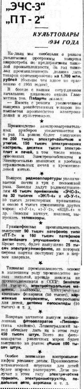 "ЭЧС-3", "ПТ-2". Культтовары 1934 года